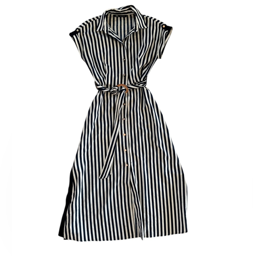 Striped Navy and White Midi Dress with Rose colored buttons.